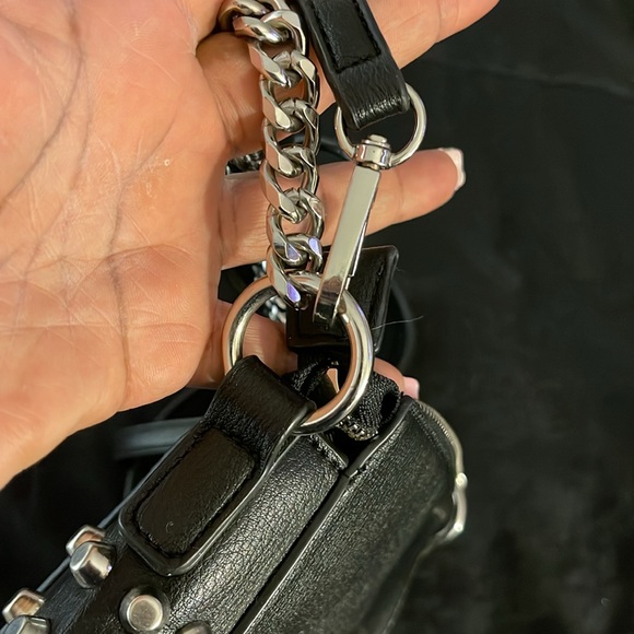 Black w/Silver Studded Crossbody bag Zip Closure Worn 2 Ways Short Chain Handle - Picture 5 of 10